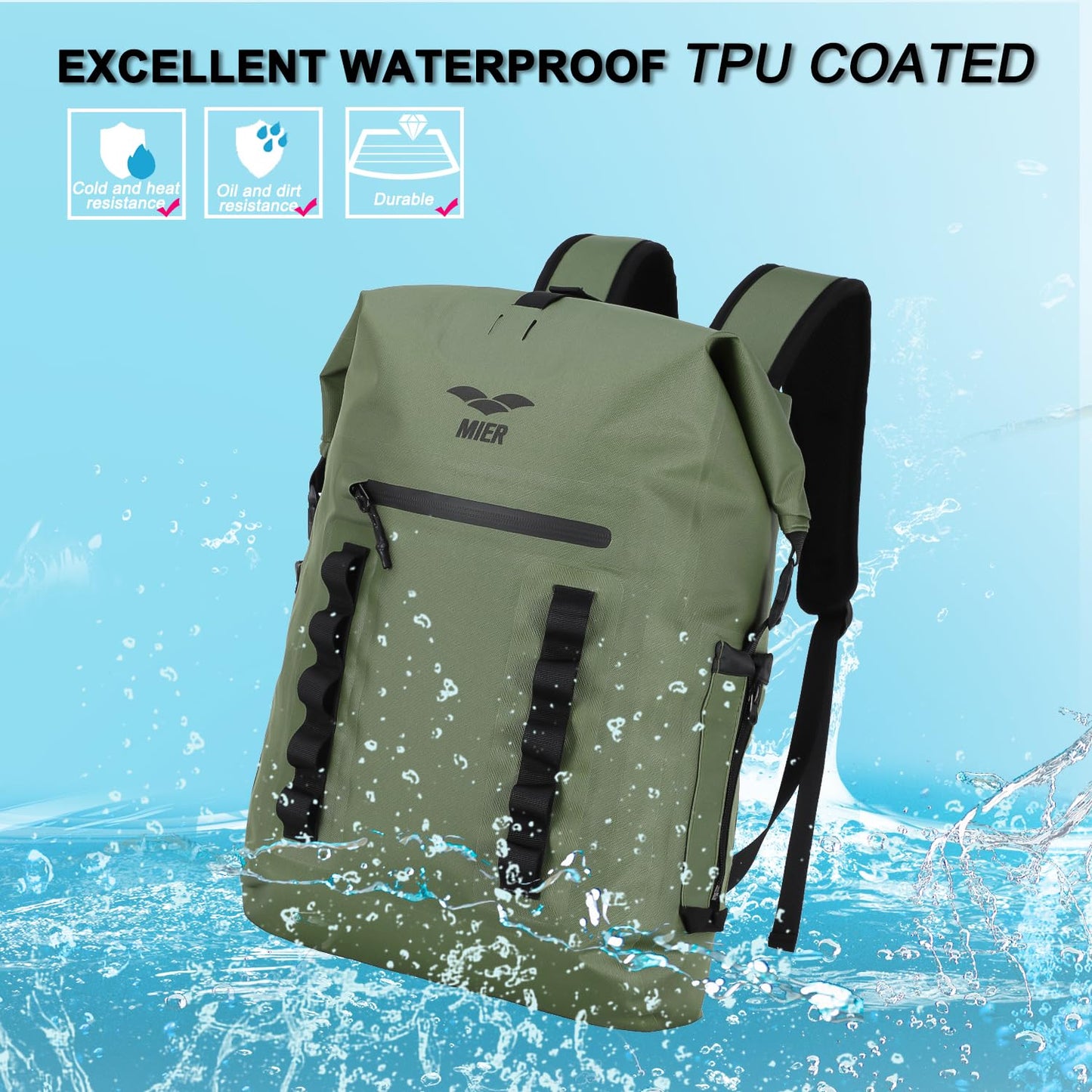 MIER Roll Top Waterproof Backpack Floating Dry Bag for Men Women, 30L Green