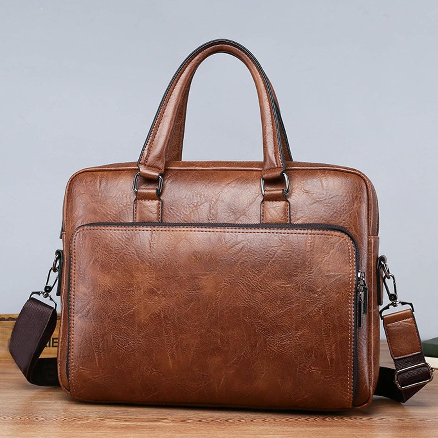 Mens Laptop Bag 16.1 Inch Waterproof Vintage Leather Briefcase Computer Messenger Handbags Shoulder Bag (Khaki)