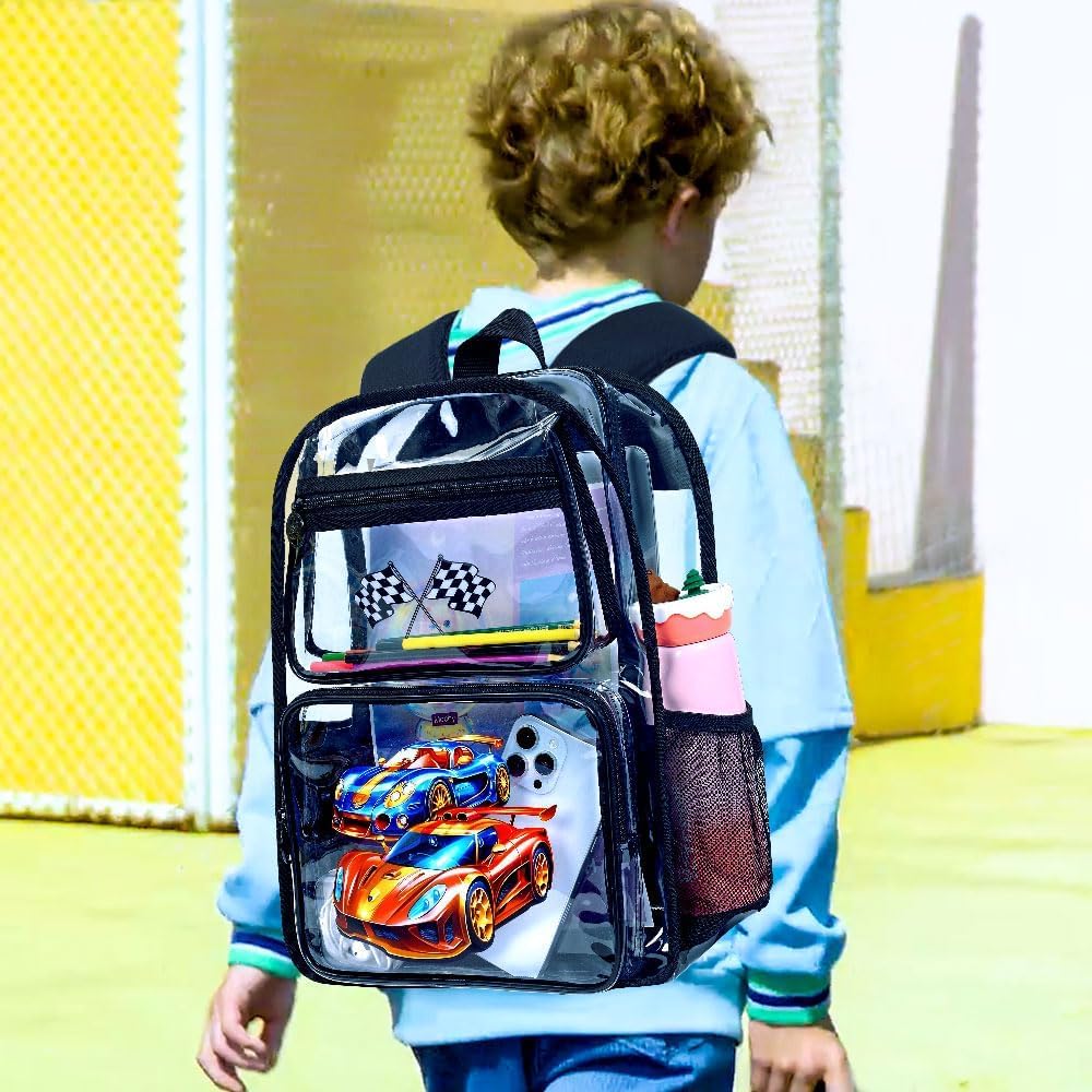 3PCS Kids Clear Backpack Heavy Duty, Cute Transparent Bookbag with Lunch Box for Boys, Black See Through School Bag - Race Car