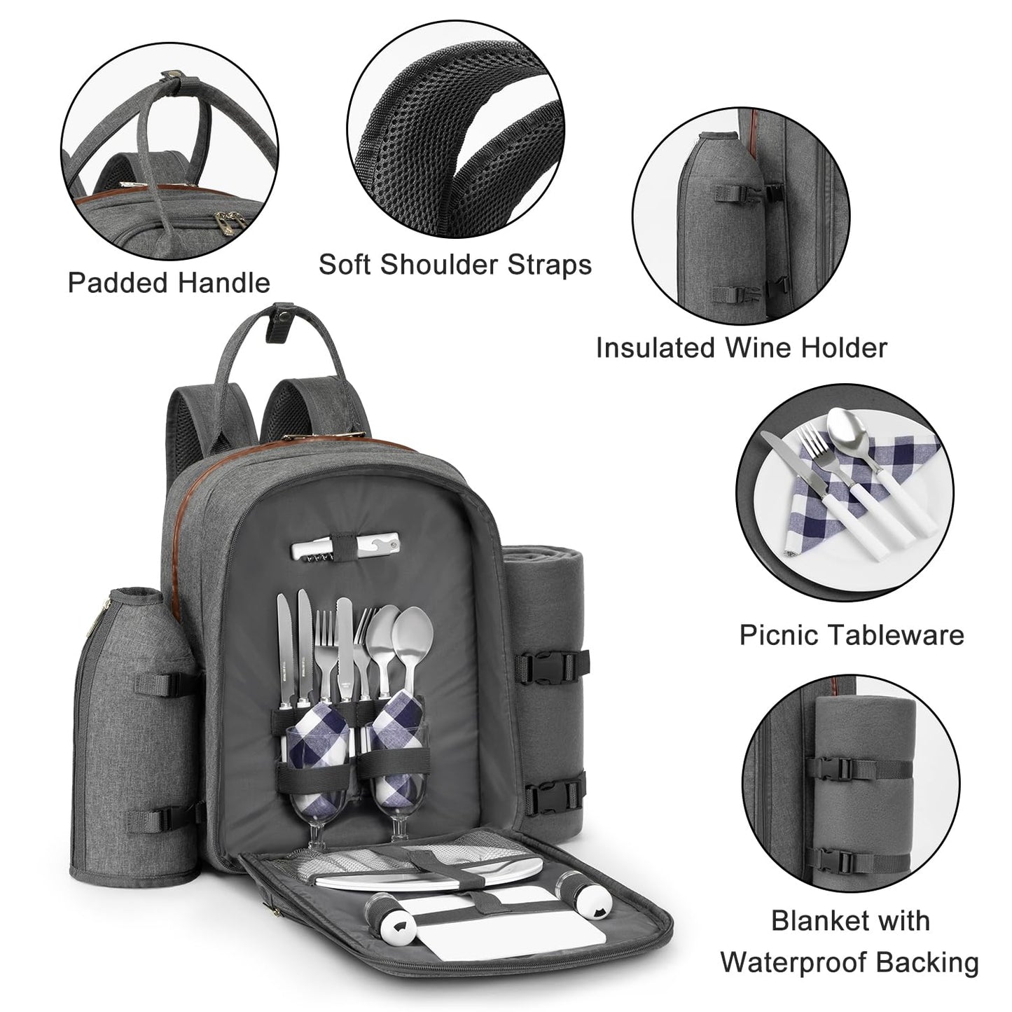 ALLCAMP Picnic Backpack, 2-Person Set with Blanket and Wine Holder, Gray