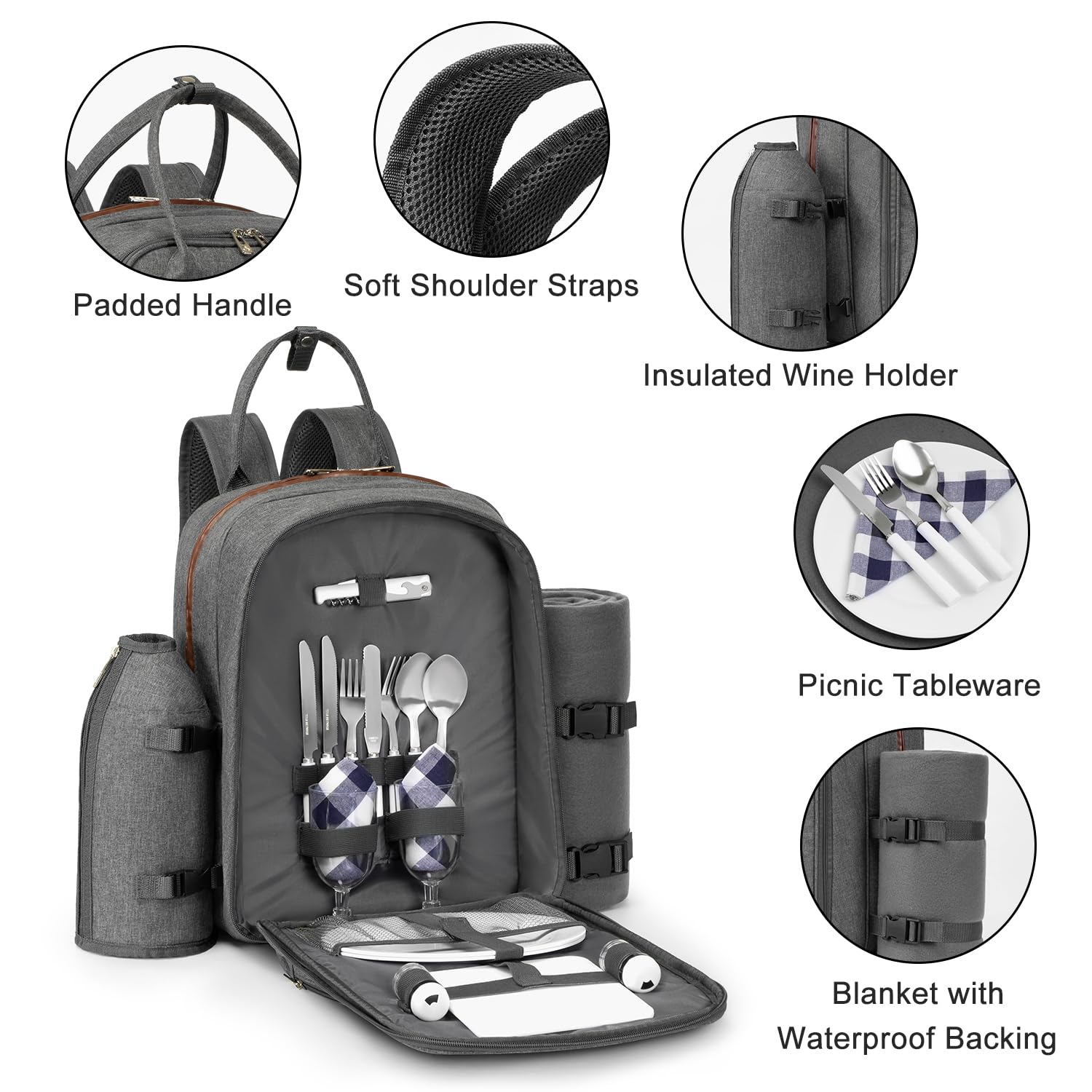ALLCAMP Picnic Backpack, 2-Person Set with Blanket and Wine Holder, Gray