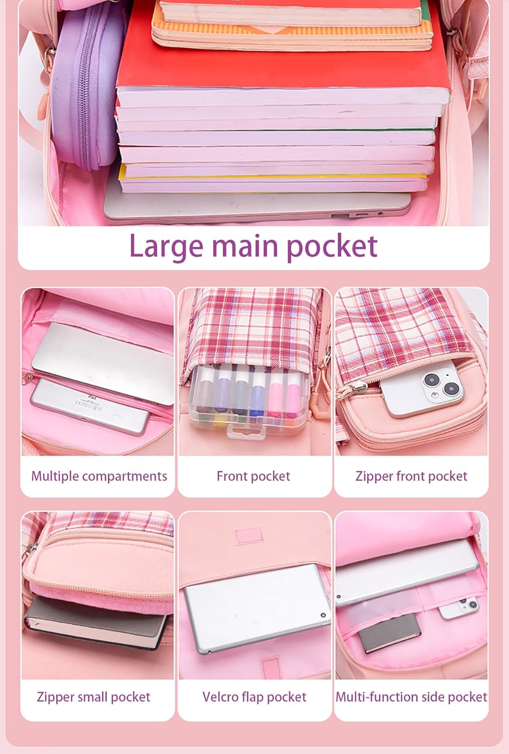 5Pcs Blue Backpack for School Girls - Kawaii Elementary School Bookbag for Kids Cute Plaid Girls Daypacks for Students Teen Kids Casual Travel Bag (Blue Plaid)