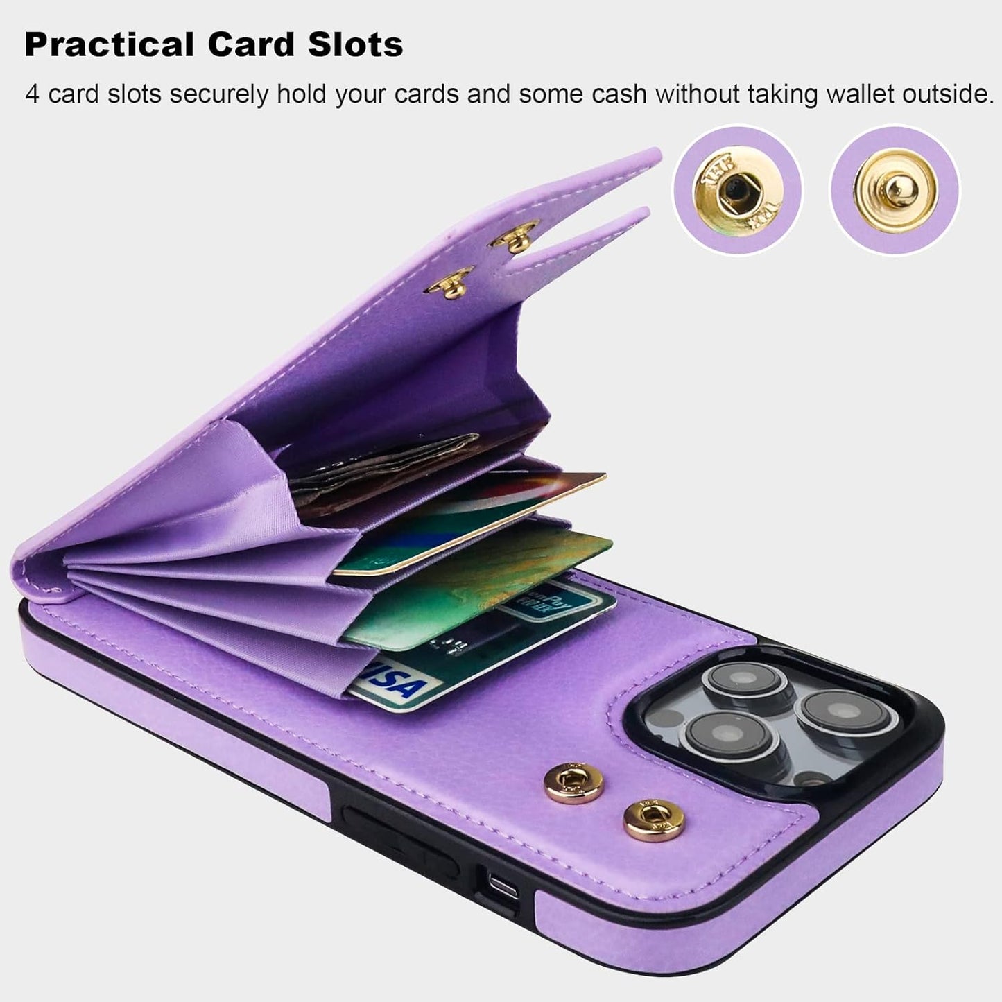 Folosu Compatible with iPhone 14 Pro Case Wallet with Card Holder, 360°Rotation Finger Ring Holder Kickstand, RFID Blocking Leather Protective Double Buttons Shockproof Cover 6.1 Inch Purple