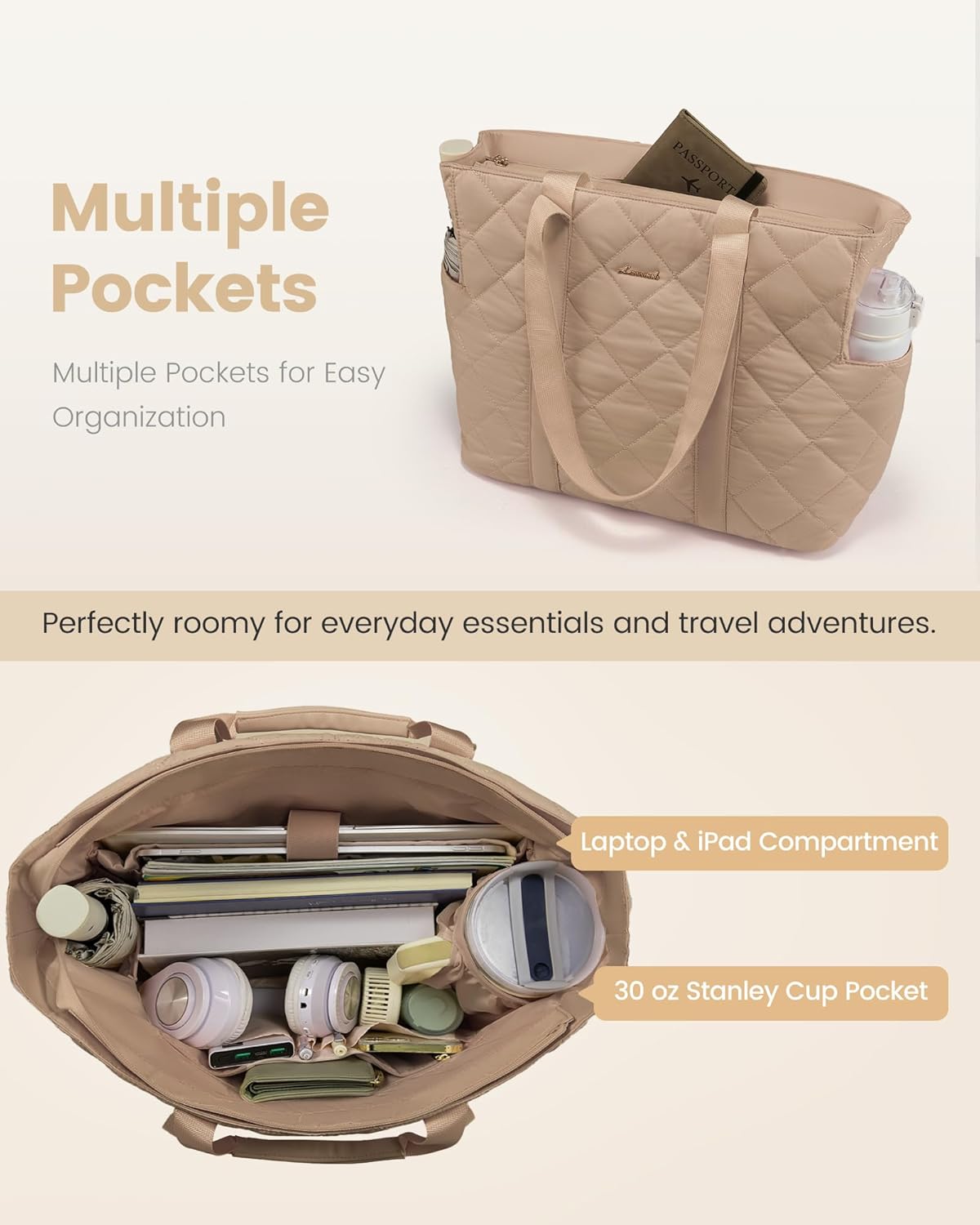 LOVEVOOK Laptop Tote Bag for Women,Quilted Puffer Laptop Bag Purse Computer Travel Work Tote Bags for Women with Zipper