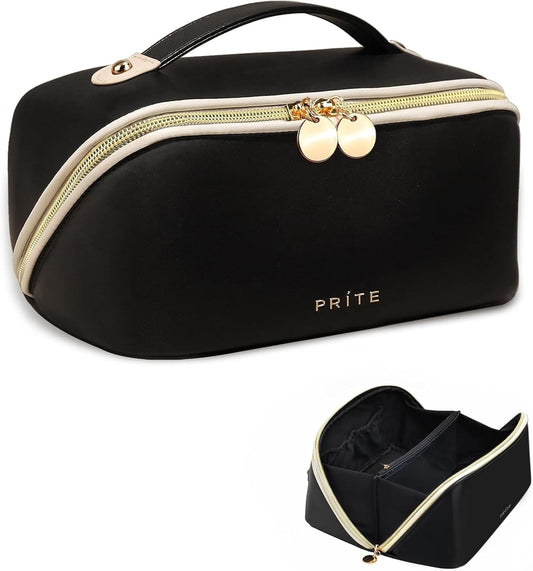 Prite Makeup Bag for Women Travel Waterproof Vegan Leather Cosmetic Bag Open Flat Toiletry Bag With Clear Divider and Handle (Large Black)