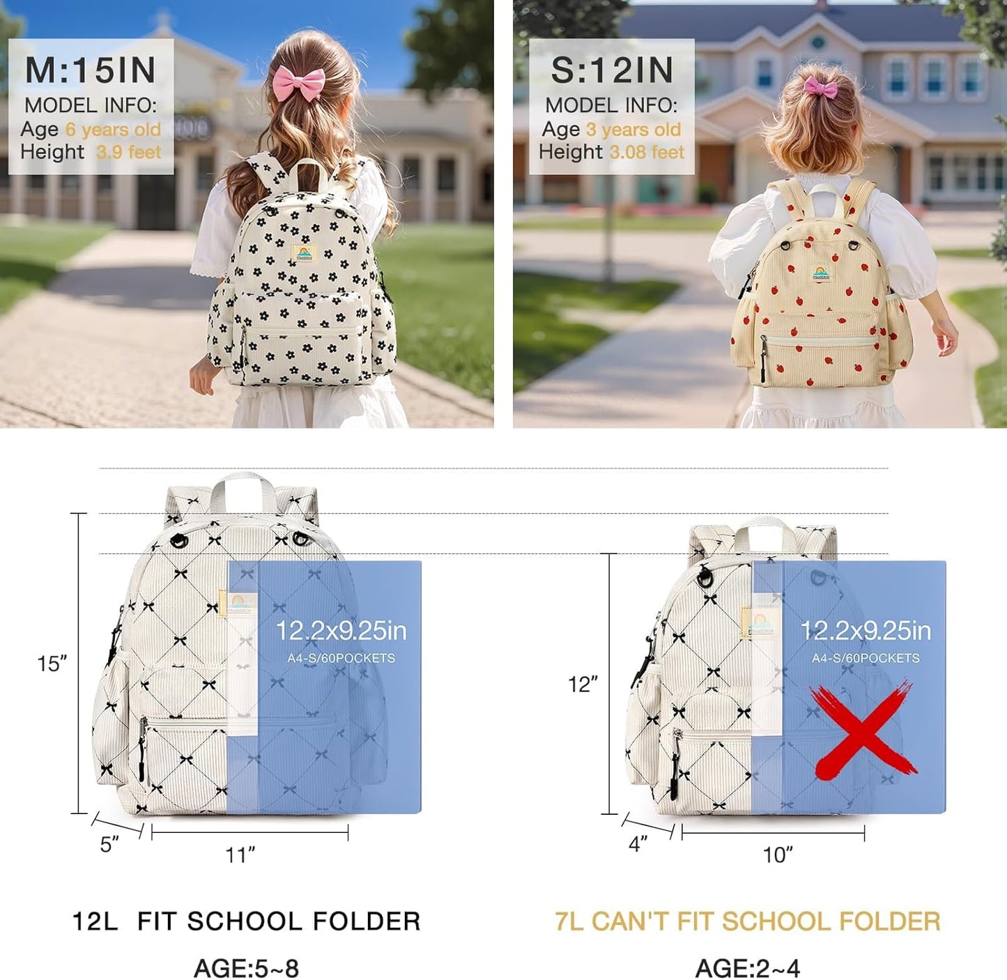 STEAMEDBUN Corduroy Toddler Backpack for Girls 2-4: Kids backpack for Boys Girls - 12 inch Preschool Kindergarten Backpacks - Bow