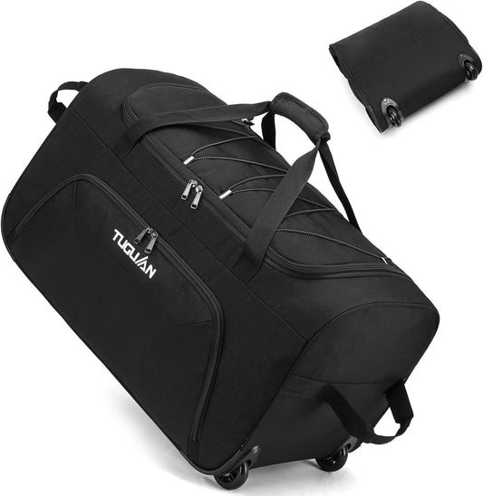 TUGUAN Foldable Duffel Bag with Wheels, 110L Rolling Travel Duffle Bag with Bungee, 28 inch Large Packable & Collapsible Carry on Luggage for Storage Traveling Camping, Black