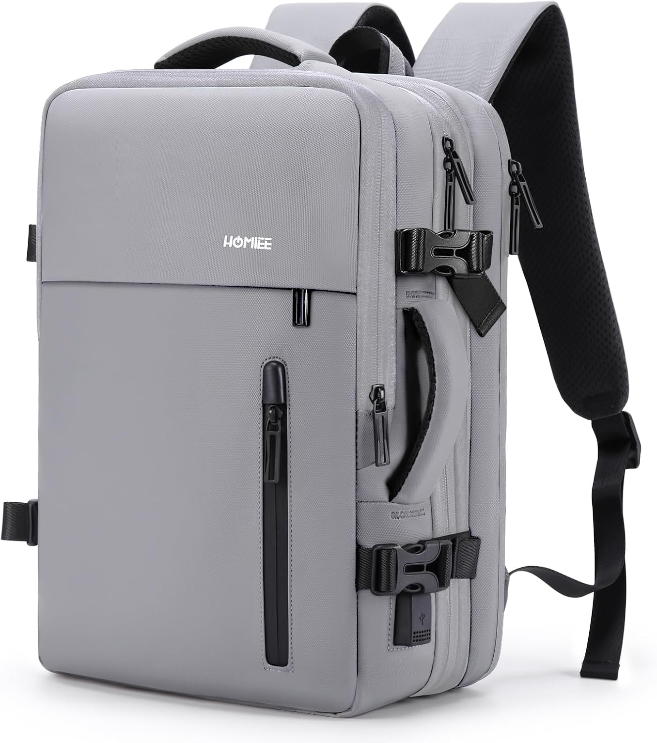 HOMIEE Carry on Backpack Extra Large Travel Bag, Expandable Hand Luggage Suitcase Anti-Theft Business Backpack, Water Resistant Lightweight Weekender Bag, Light Grey