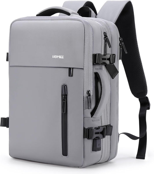 HOMIEE Carry on Backpack Extra Large Travel Bag, Expandable Hand Luggage Suitcase Anti-Theft Business Backpack, Water Resistant Lightweight Weekender Bag, Light Grey
