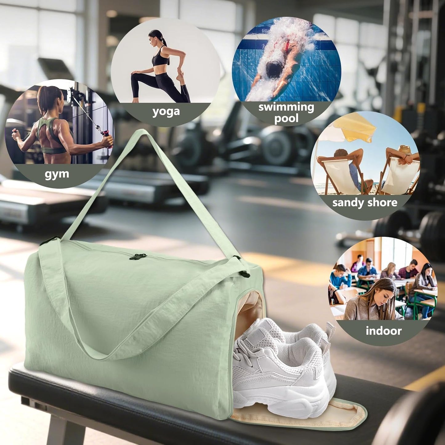 Small Gym Bag for Women with Shoes Compartment, Travel Duffel Overnight Bags for Women & Men, Weekend Carry on Bag - Sport Yoga Dance(Light Green)