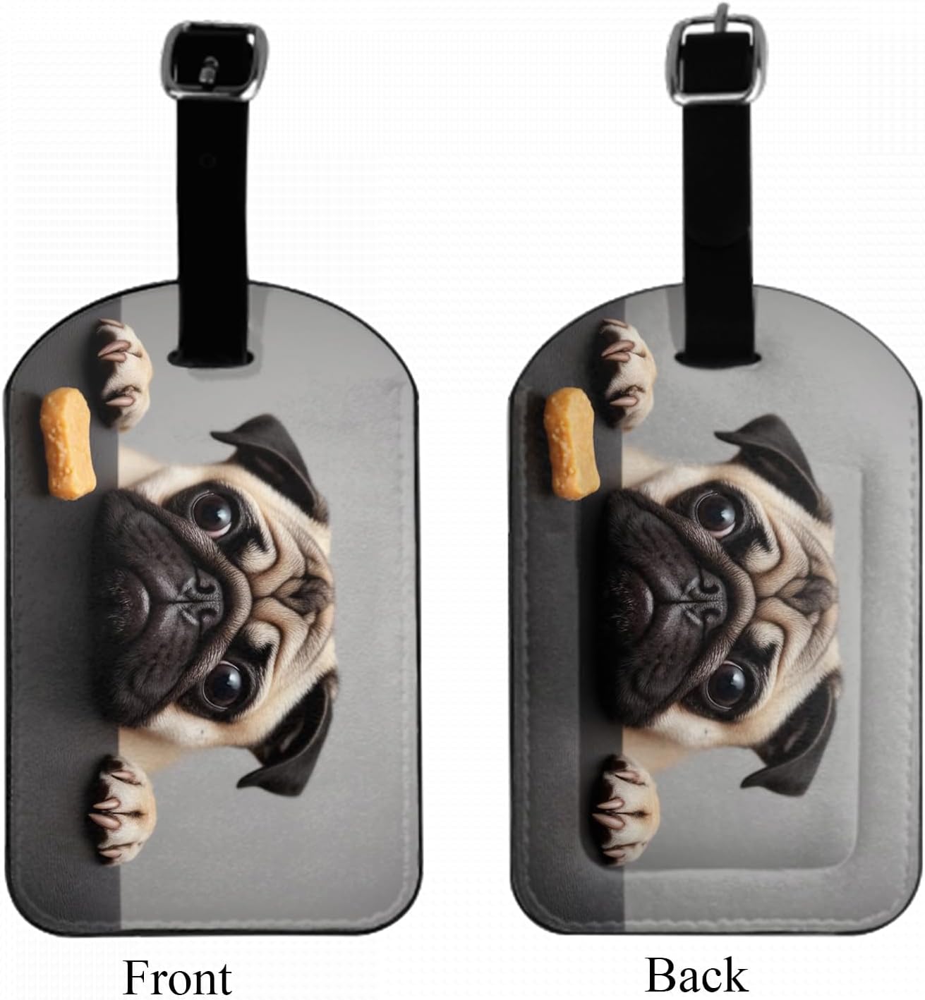 Cute Sad Pug Suitcase Tags Identifiers Adorable Puppy Looks at A Cookie Big Eyes Pet PU Leather ID Label for Women Men Travel Baggage Bag Tags Set, 1 Pack