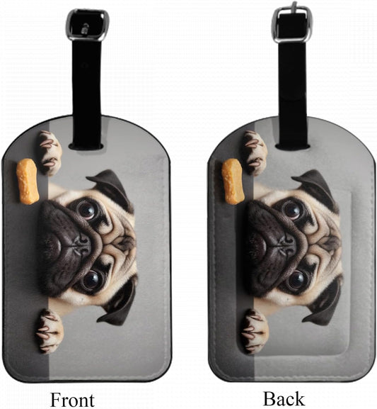 Cute Sad Pug Suitcase Tags Identifiers Adorable Puppy Looks at A Cookie Big Eyes Pet PU Leather ID Label for Women Men Travel Baggage Bag Tags Set, 1 Pack