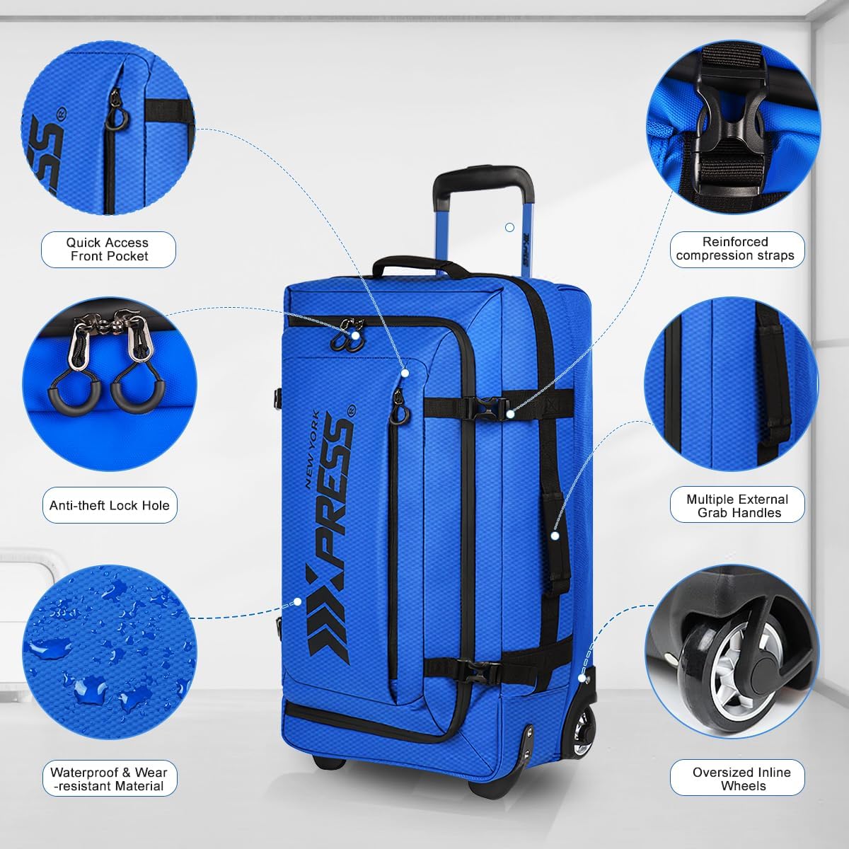 26'' Rolling Duffle Bag with Wheels,Rolling Duffle Bag w/Handle,Carry on Luggage Travel Duffle Bags for Man Women（26,Blue）