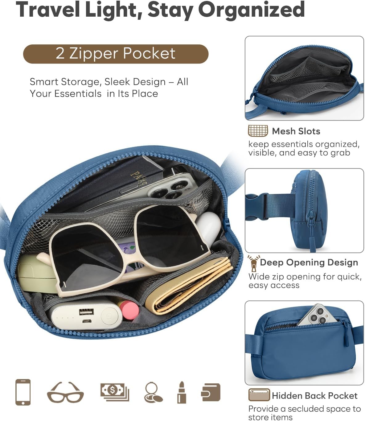 Fanny Packs for Women Cross Body Bag Waterproof Belt Bag with Adjustable Strap and Zipper Back Pocket Small Crossbody Bags Fashion Waist Packs for Workout Travelling(Navy Blue)