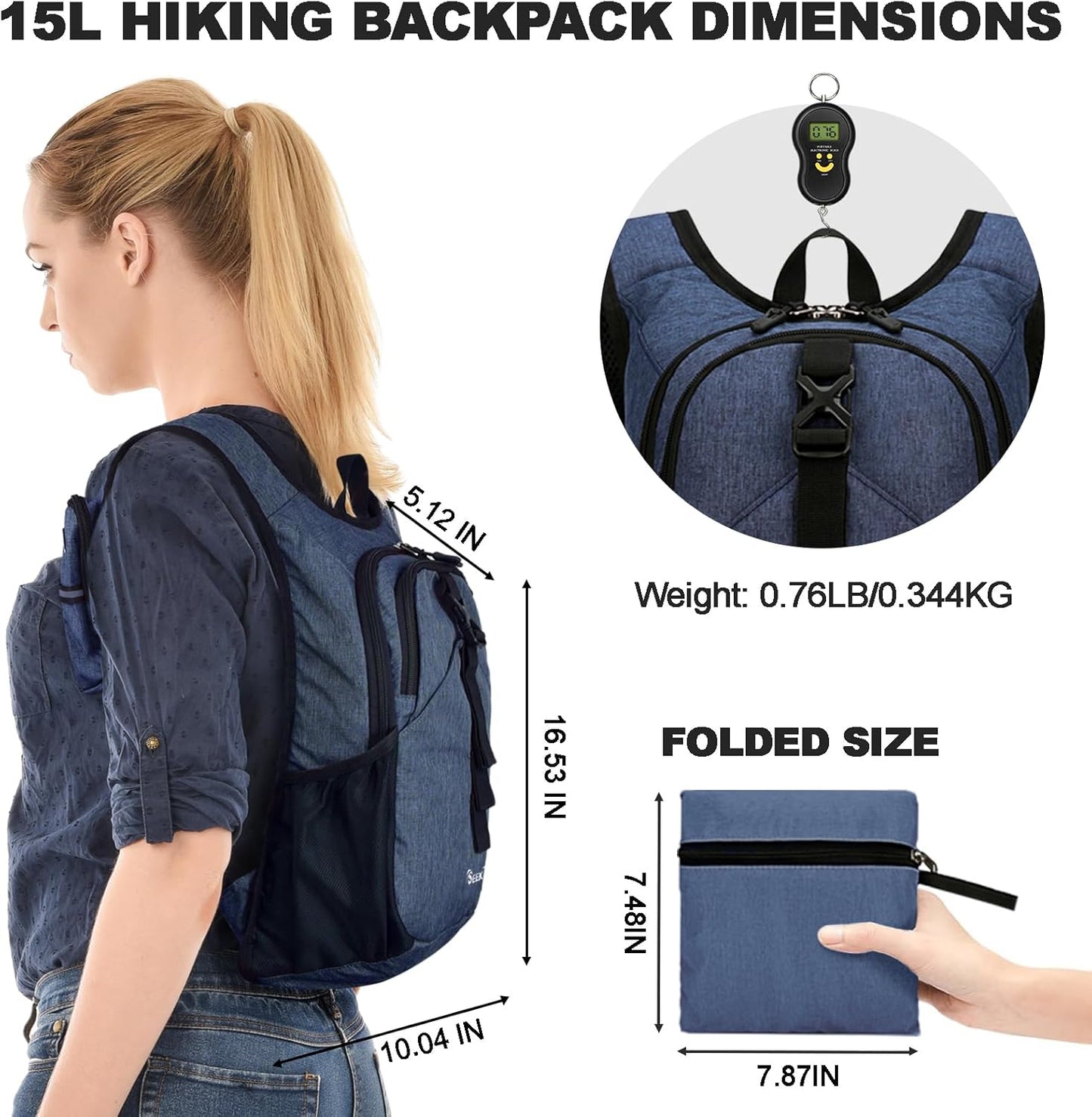 Seektop 15L Small Hiking Backpack for Women Men, Lightweight Hiking Packable Daypack with Phone