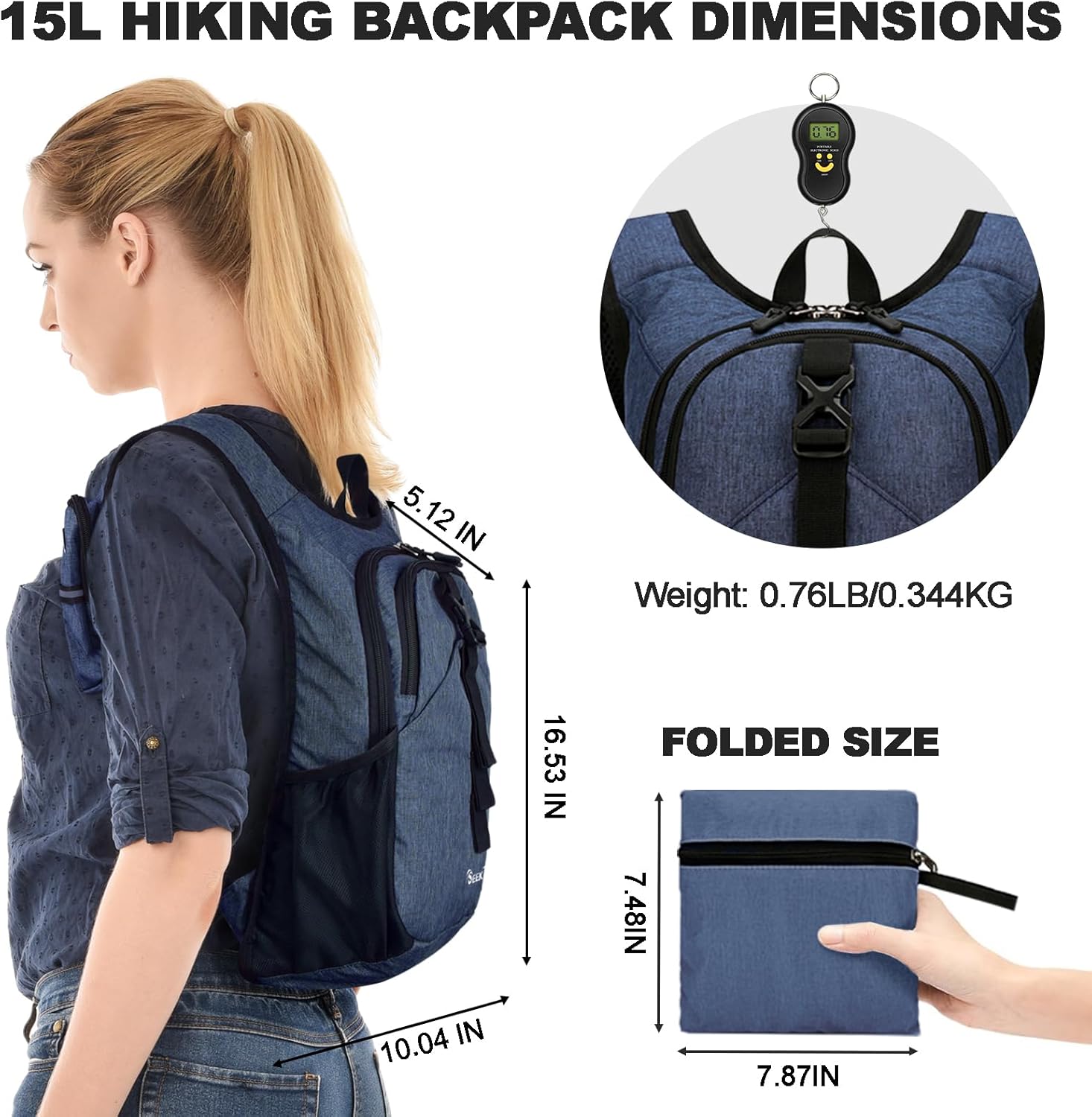 Seektop 15L Small Hiking Backpack for Women Men, Lightweight Hiking Packable Daypack with Phone