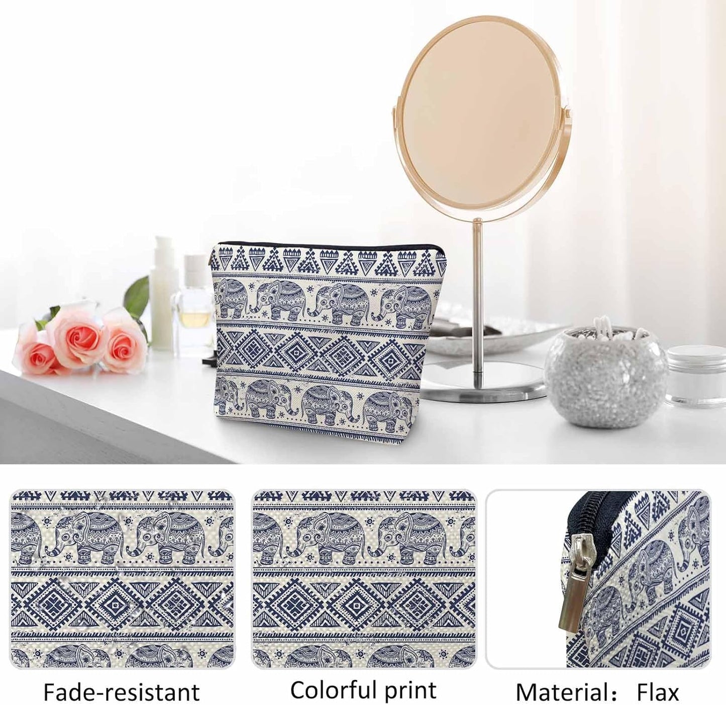Elephant Cosmetic Bags For Women, Ethnic Geometric Elephant Roomy Makeup Bag Toiletry Bag