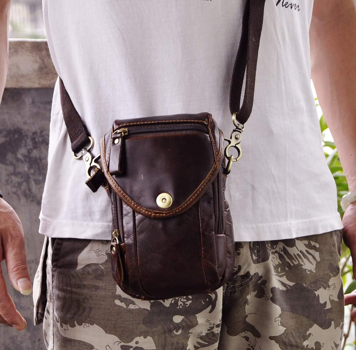 Le'aokuu Mens Original Leather Designer Casual Small Messenger Shoulder Bag Fashion Waist Belt Bag Pack Cigarette Phone Case