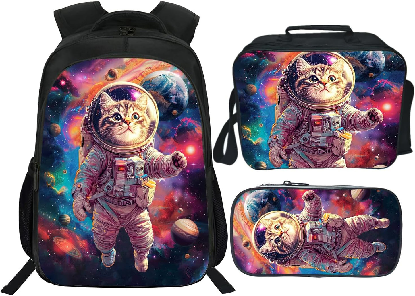 Space Cat Backpack Astronaut Kids Bookbag 16inch Schoolbag With Lunch Box Bag And Pencil Case Set For Boys Girls