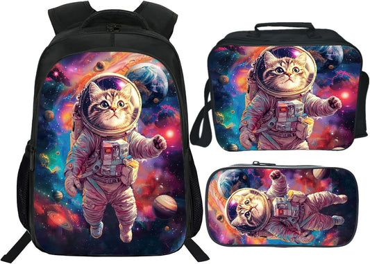 Space Cat Backpack Astronaut Kids Bookbag 16inch Schoolbag With Lunch Box Bag And Pencil Case Set For Boys Girls