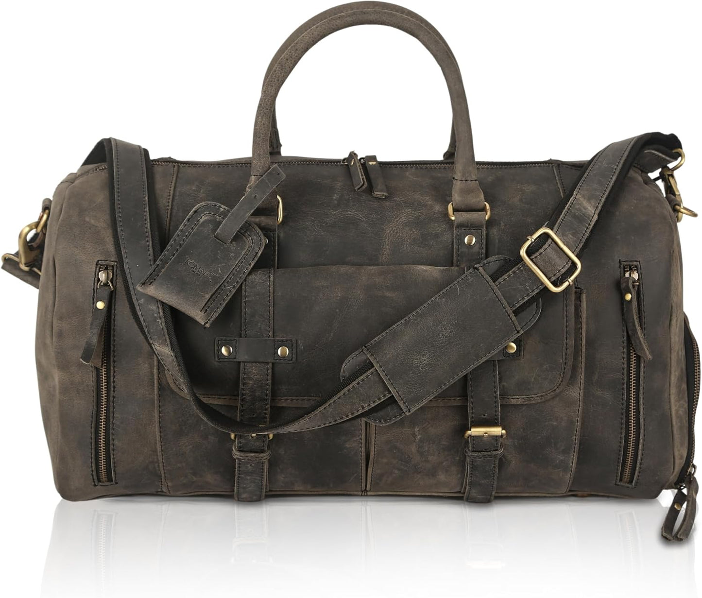 KomalC 24 Inch Leather Duffel Bags for Men and Women Full Grain Leather Travel Overnight Weekend Leather Bags Sports Gym Duffle for Men (Charcoal Black With Shoe Pocket), Brown