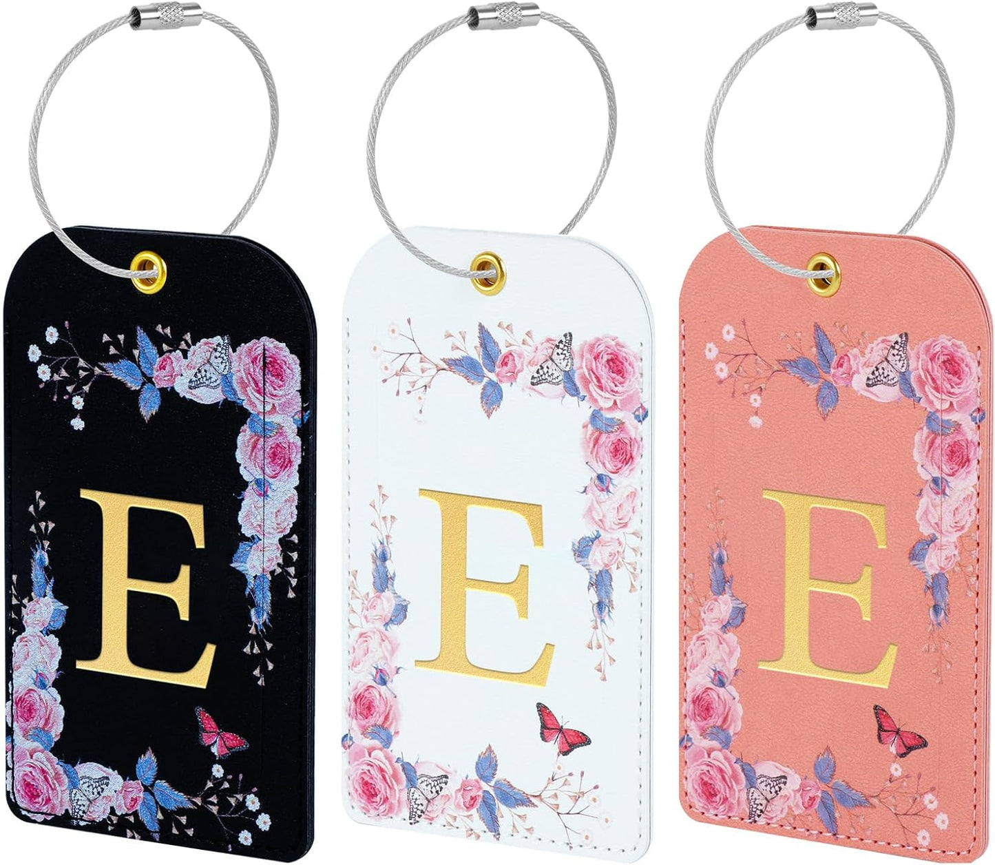 3 Pack Luxury Floral Luggage Tags, Durable PU Leather Suitcase Tags with Stainless Steel Cable Strap, Hidden ID Slot for Privacy Protection, Easy to Identify Waterproof Travel Accessories Gift (E)
