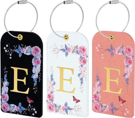 3 Pack Luxury Floral Luggage Tags, Durable PU Leather Suitcase Tags with Stainless Steel Cable Strap, Hidden ID Slot for Privacy Protection, Easy to Identify Waterproof Travel Accessories Gift (E)