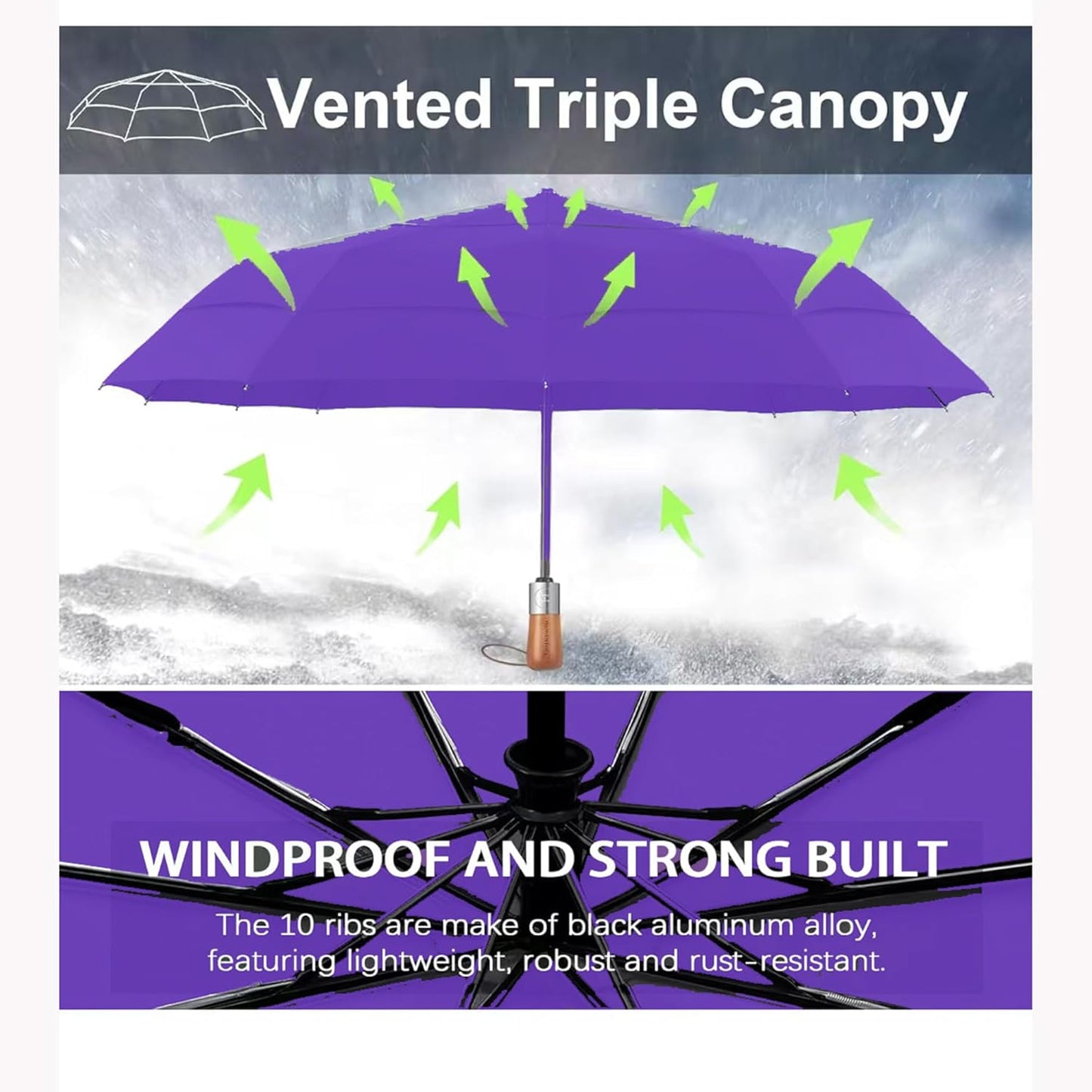 Umbrellas for Rain, Heavy-Duty Windproof Travel Umbrella — Auto Open/Close, Vented Triple-Layer Canopy, 10 Fiberglass Ribs, Folding Design, Large Coverage, Wooden Handle