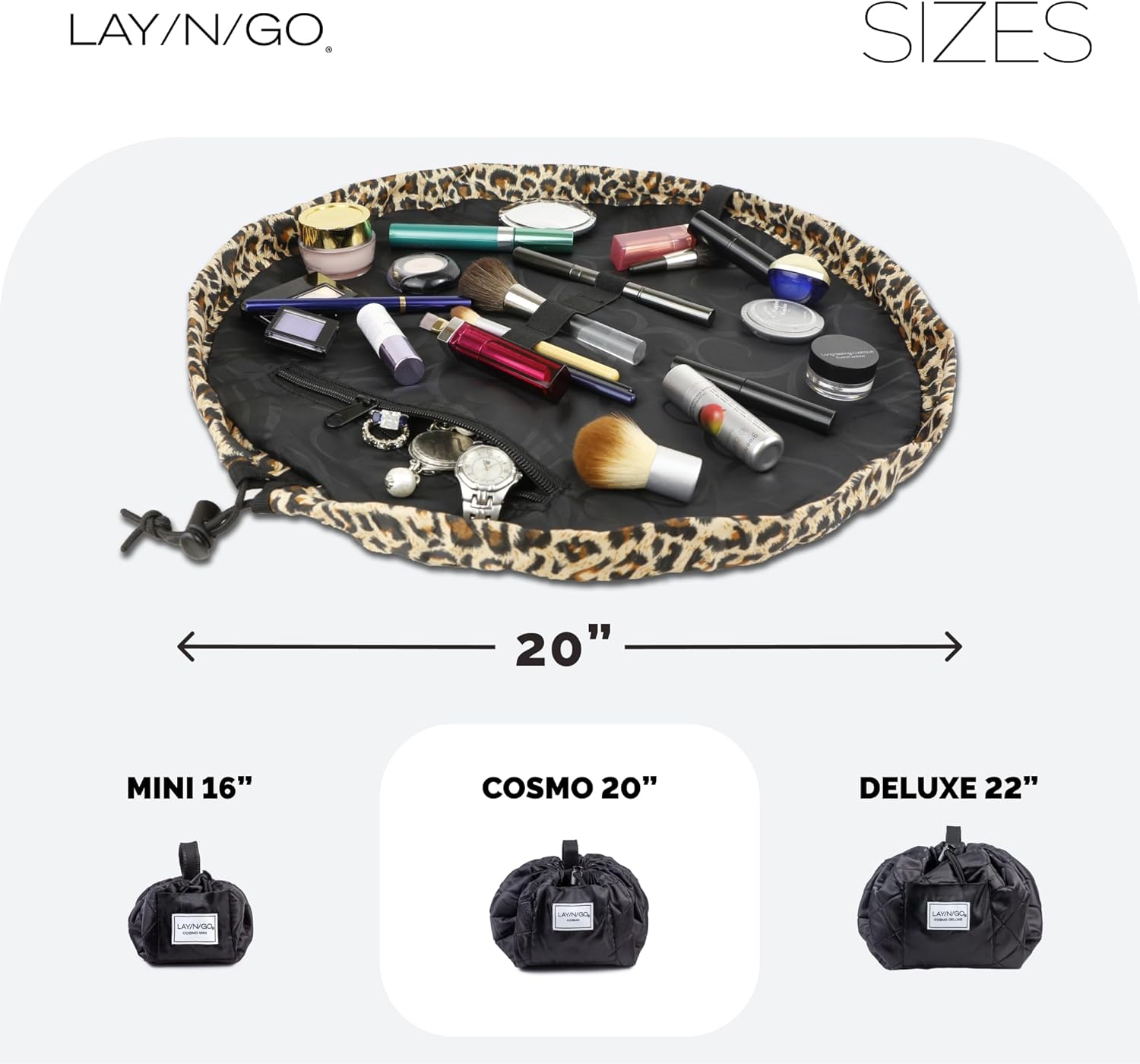 Lay-n-Go Cosmo Layflat Drawstring Cosmetic & Makeup Bag Organizer w/Zipper Pocket, Brush Loops &