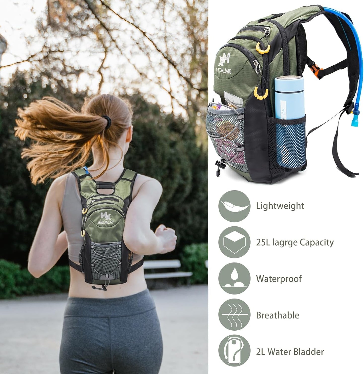 Water Backpack with 2L Water Bladder-Waterproof Insulated Hydration Backpack Women& Men Tactical Lightweight 25L Hydration Backpack with Storage for Hiking Running Biking Cycling