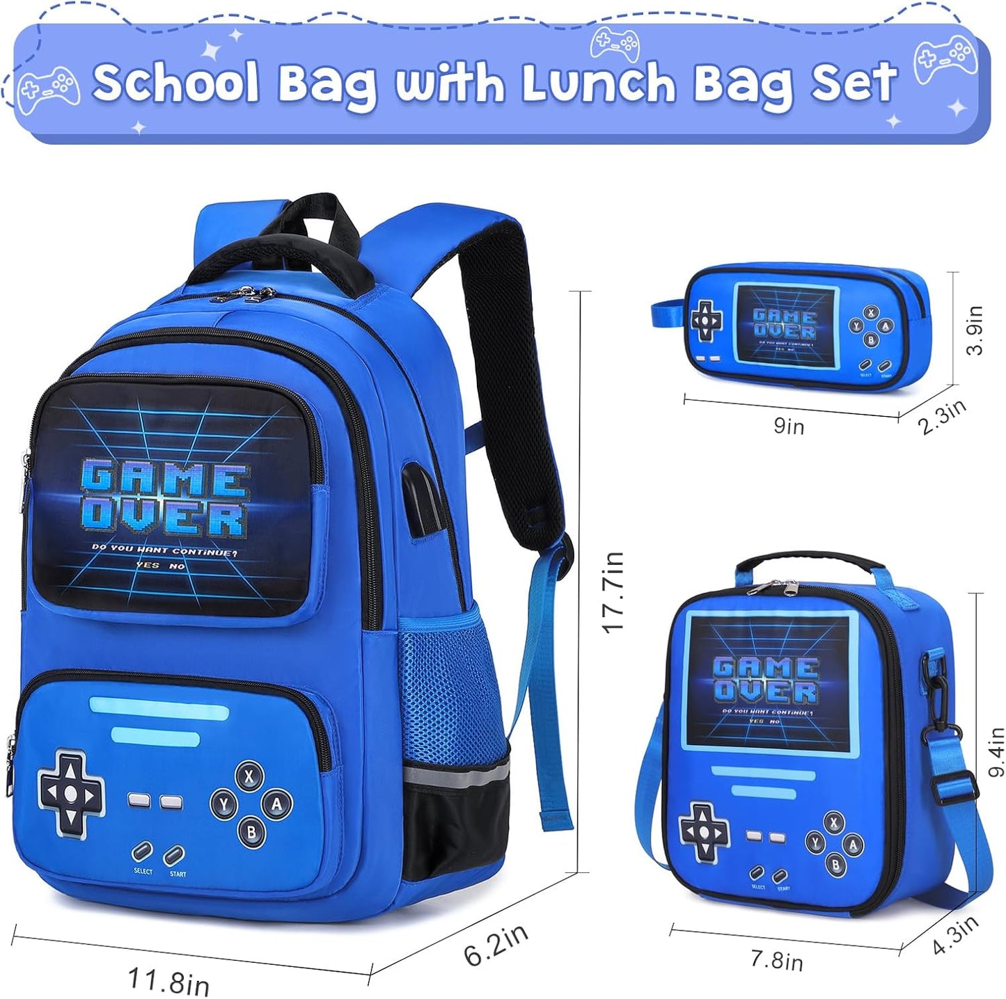 Gamer Backpack for Boys - Cool Luminous School Backpack with Lunch Bag Pencil Case - Kids Boys Backpack Elementary Middle School Book Bags for Teen with USB Charging Port (Blue