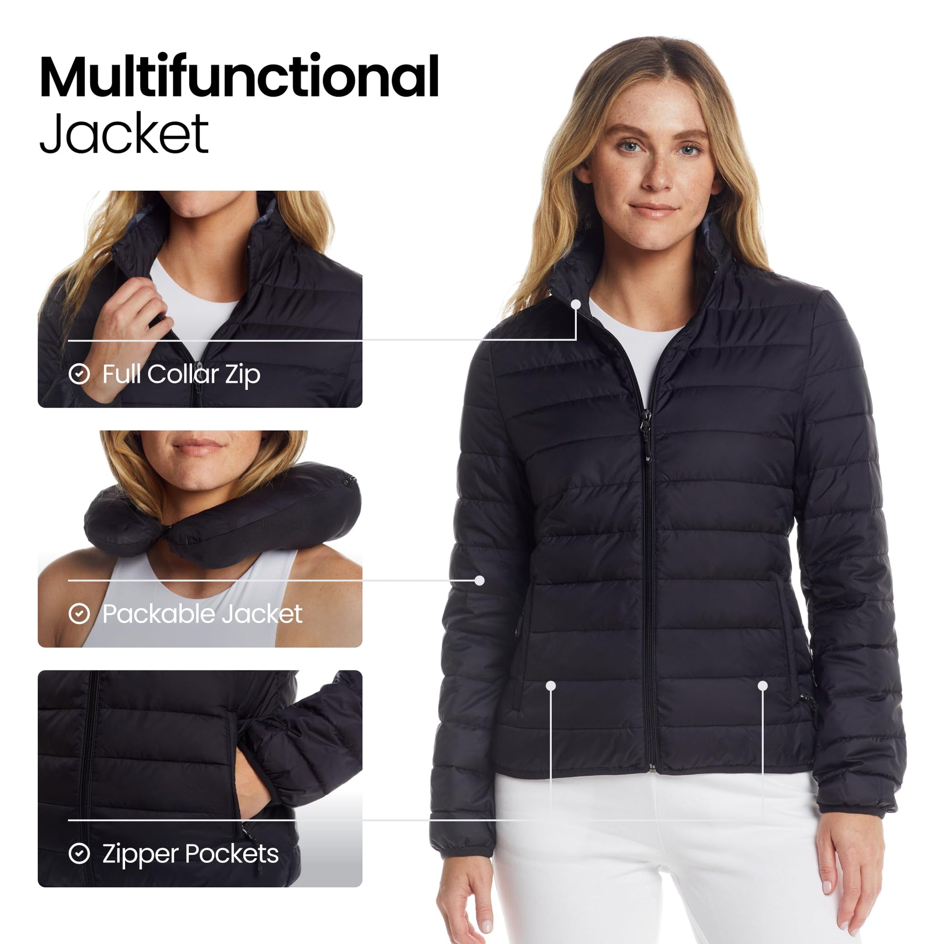 Weatherproof Women's Packable Puffer Jacket with Travel Neck Pillow - Lightweight, Warm