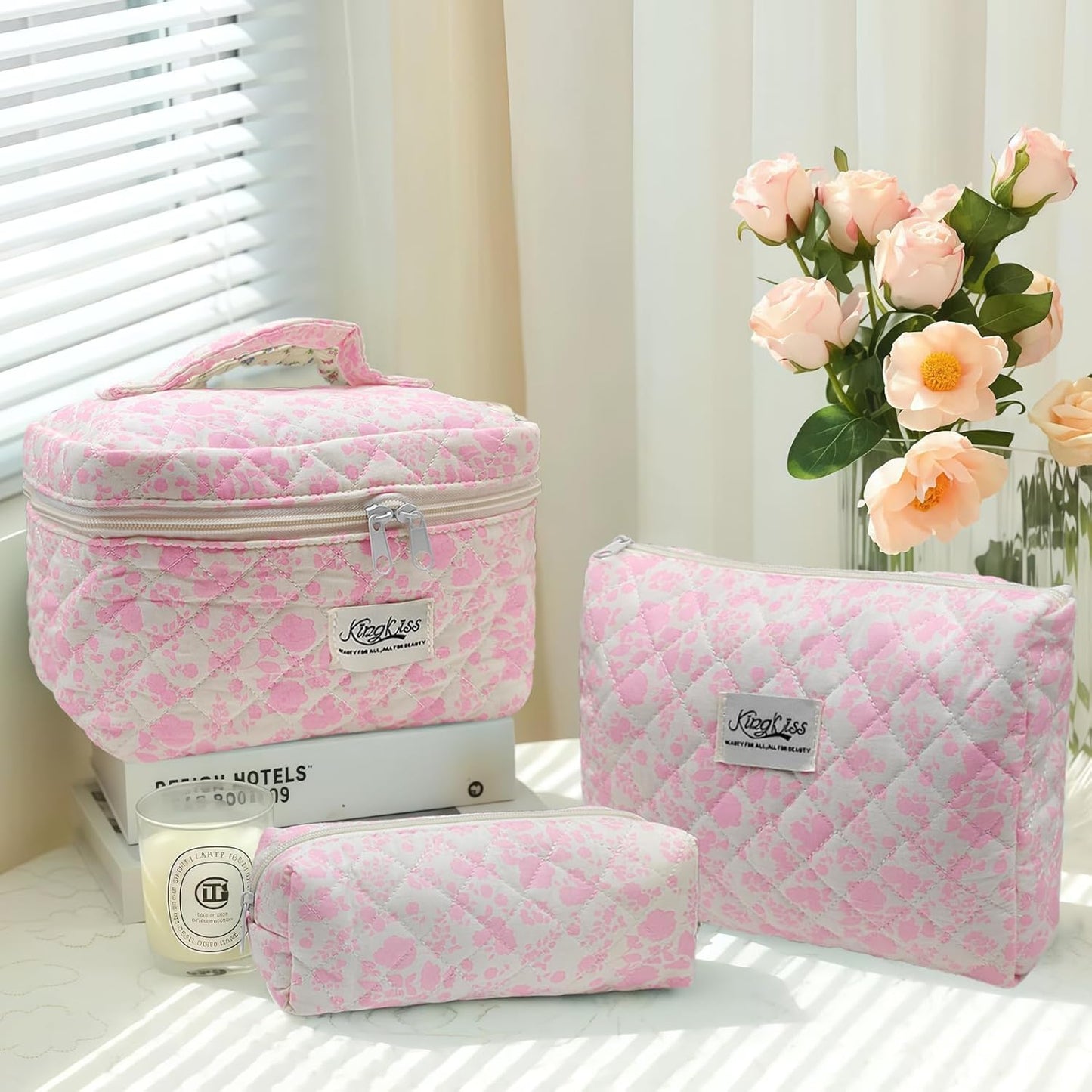 Quilted Makeup Bag, Large Capacity Travel Cosmetic Bag for Women and Girls, Aesthetic Storage for Daily and Travel Use (3pcs-Pink orchid)