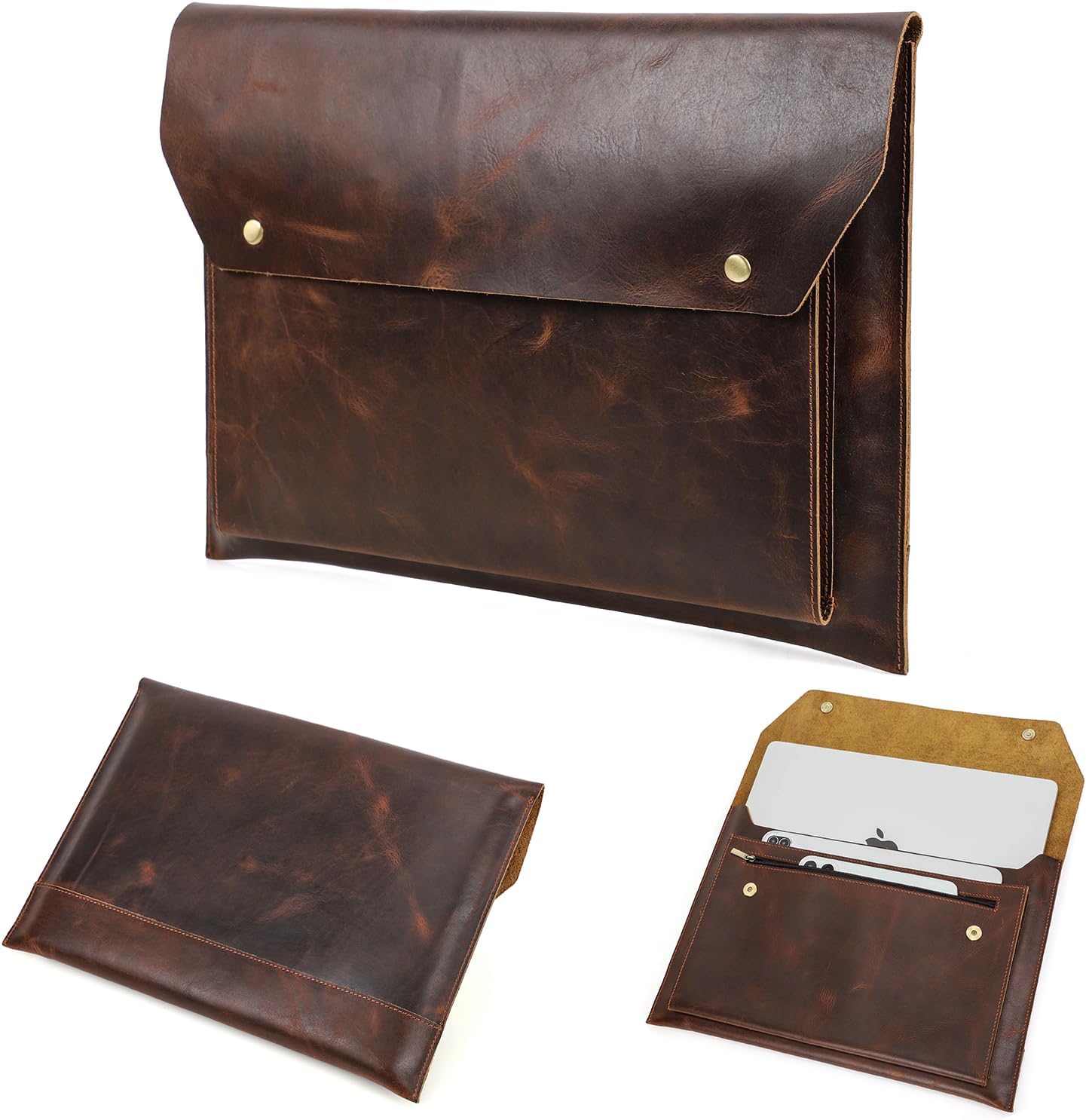 Top Grain Leather 16.2" Laptop Bag, Magnetic Snap Button Design & 3 Pockets, Compatible with MacBook Pro 16.2" A2485 M1 Max 15" Touch Bar A2141 A1707 Pro 16" Touch ID A1990, Coffee 16.2 Inch