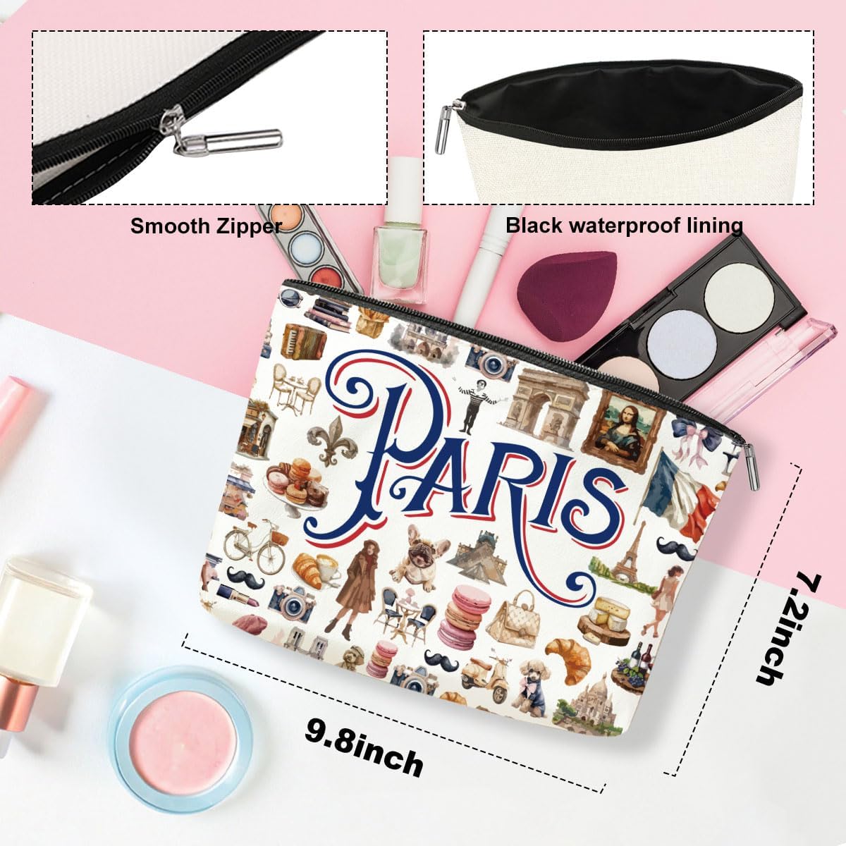 4PCS Paris Souvenirs from France Paris Gifts Makeup Bag Cosmetic Bag for Women Friend Lady Sister Bestie Paris Travel Lover Weekend Bag Vacation Christmas Birthday Friendship
