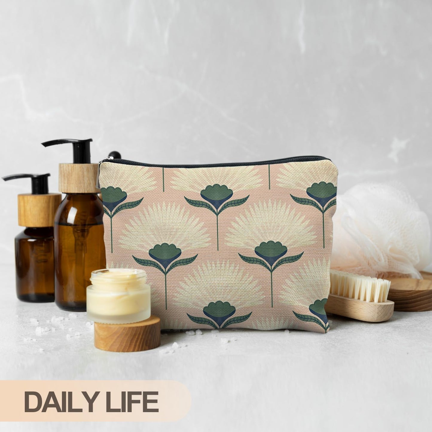 Vintage Boho Floral Pink Makeup Bag, Art Deco Floral Botanical Cosmetic Bags for Women, Boho Gifts for Women, Retro Mid Century Modern Art Zipper Makeup Pouch