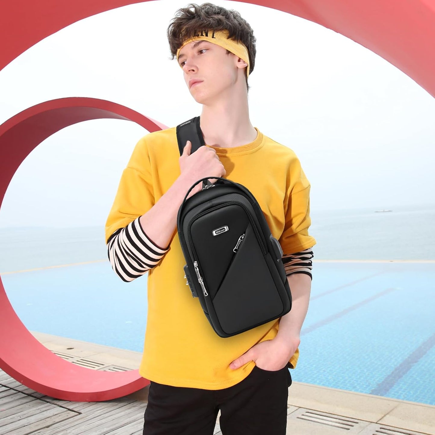 Hiking Daypack Shoulder Backpack Crossbody Hiking Purse for Men, Chest Bags with USB Charger Port For Casual Camping Biking Travel Cycling