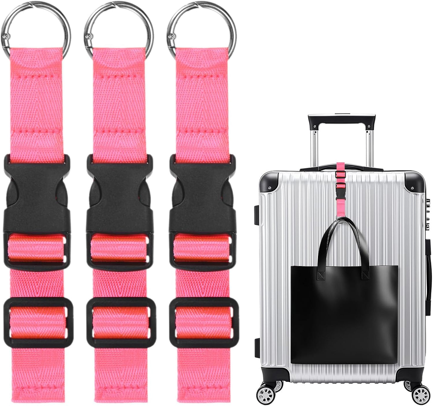3-Pack Add A Bag Luggage Strap, Adjustable Suitcase Belt for Connecting Handbag/Backpack/Jacket, Luggage Connector [Bright Pink]