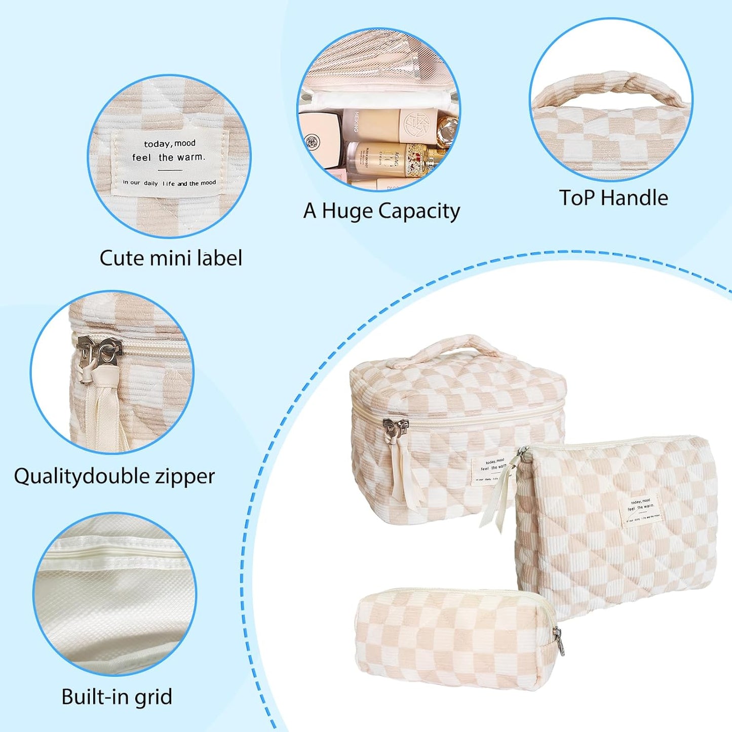 Quilted Cosmetic Bag Large Capacity Travel Cosmetic Bag for Women and Girls Aesthetic Storage for Daily and Travel Use (3pcs-browncheckered)