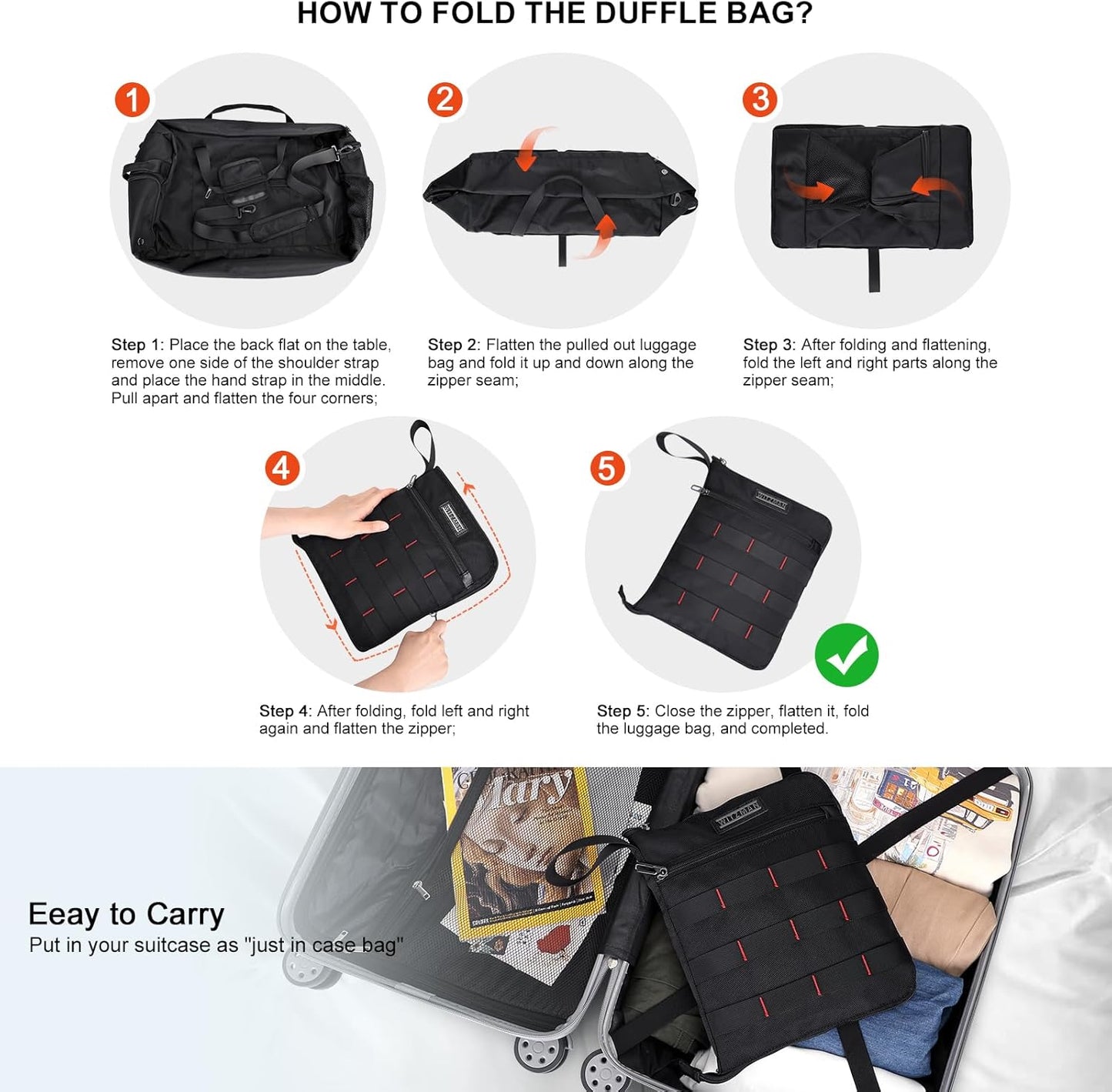WITZMAN Foldable Duffle Bag for Travel 65L Lightweight Packable Duffel Bag with Shoes Compartment