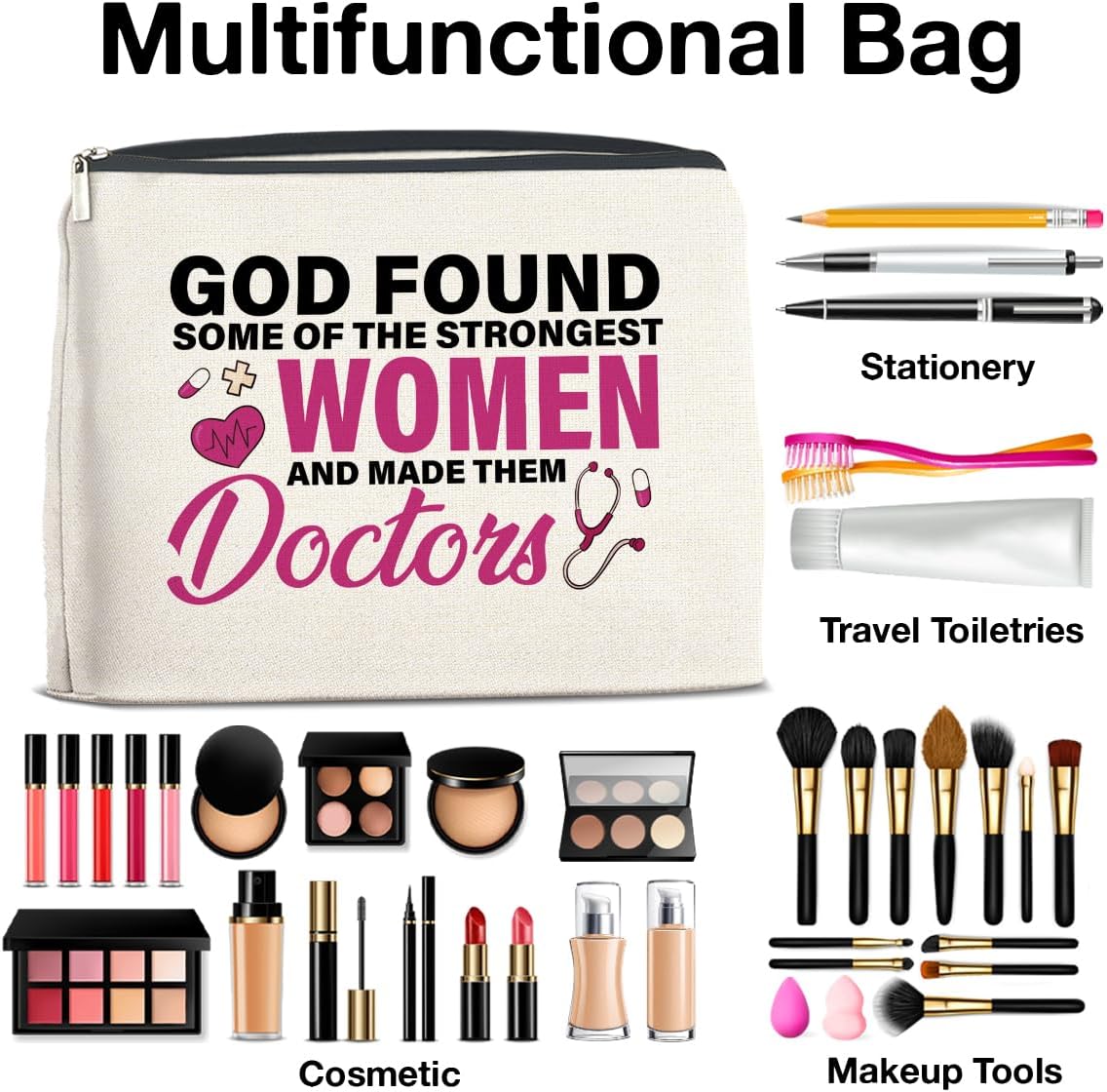 Doctor Gifts Makeup Bag, Thank You Gifts for Doctors, Medical Student Graduation Gift, New Doctor Gifts, God Found Some of the Strongest Women And Made Them Doctors Zipper Makeup Pouch