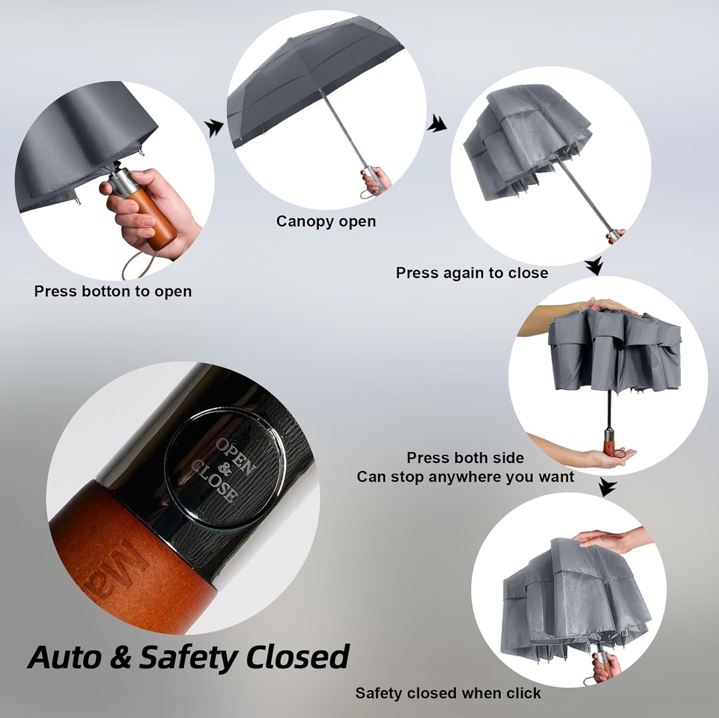 Umbrellas for Rain, Heavy-Duty Windproof Travel Umbrella — Auto Open/Close, Vented Triple-Layer Canopy, 10 Fiberglass Ribs, Folding Design, Large Coverage, Wooden Handle