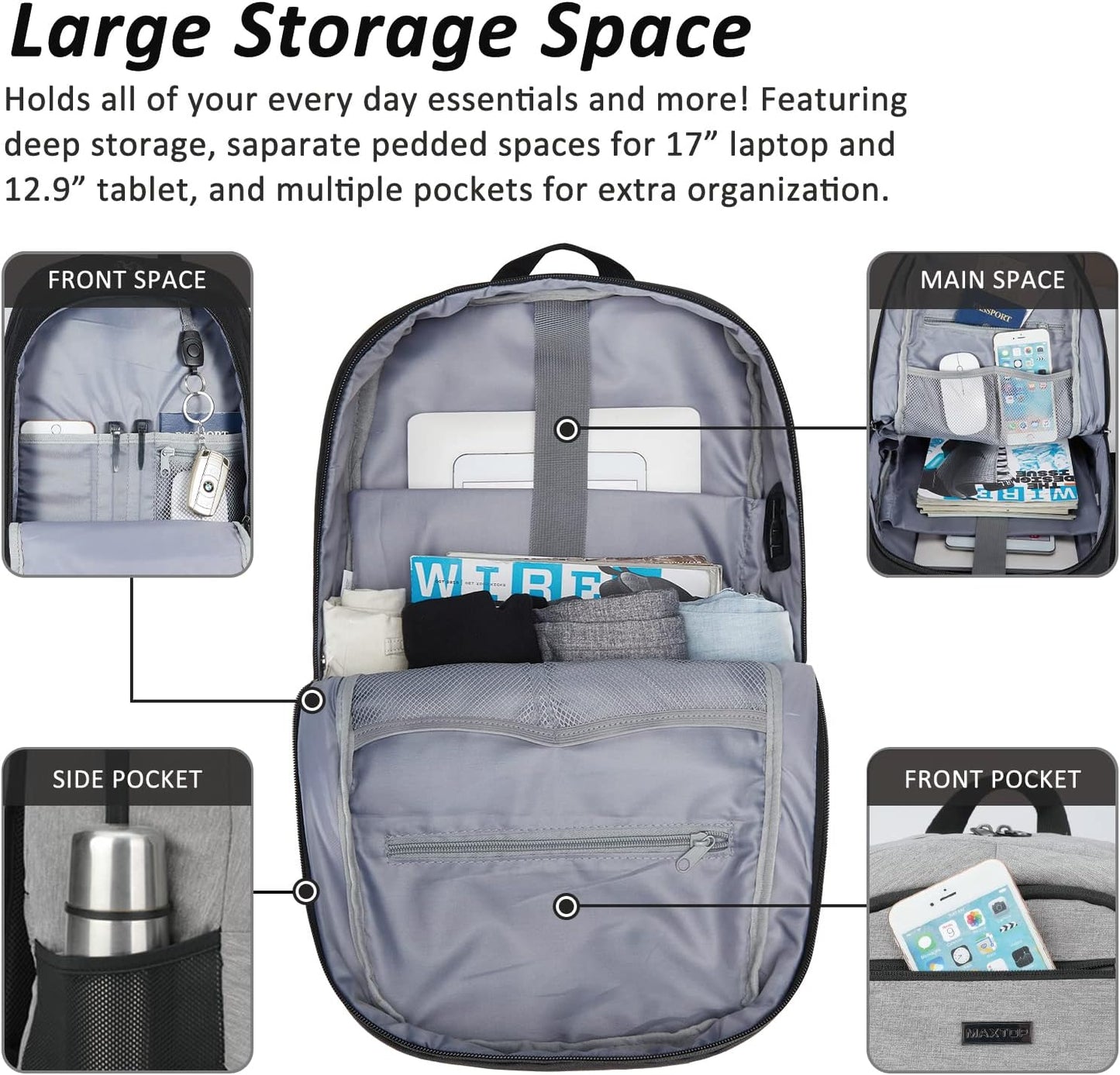 MAXTOP Travel Laptop Backpack Business Backpacks with USB Charging Port Water Resistant School College Bookbag