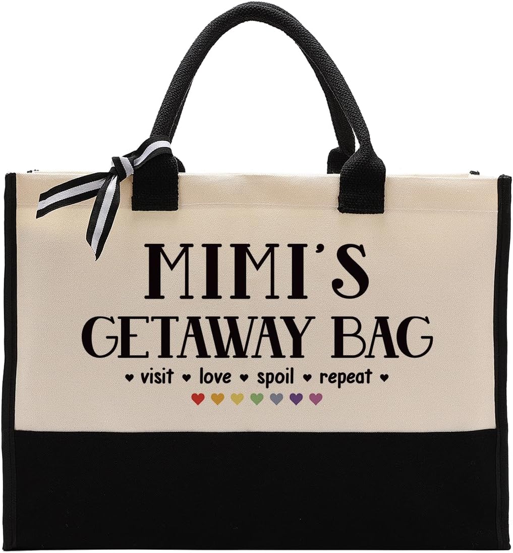 EDCTO Canvas Bag Gift for Mimi, Mummy Gift, MIMI's Getaway Bag, Cotton Canvas Tote Bag, Shoulder Beach Bag, Reusable Shopping Bag, Women Canvas Bag Gift for Mom Grandma, Birthday Mother's Day Gift
