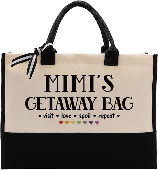 EDCTO Canvas Bag Gift for Mimi, Mummy Gift, MIMI's Getaway Bag, Cotton Canvas Tote Bag, Shoulder Beach Bag, Reusable Shopping Bag, Women Canvas Bag Gift for Mom Grandma, Birthday Mother's Day Gift