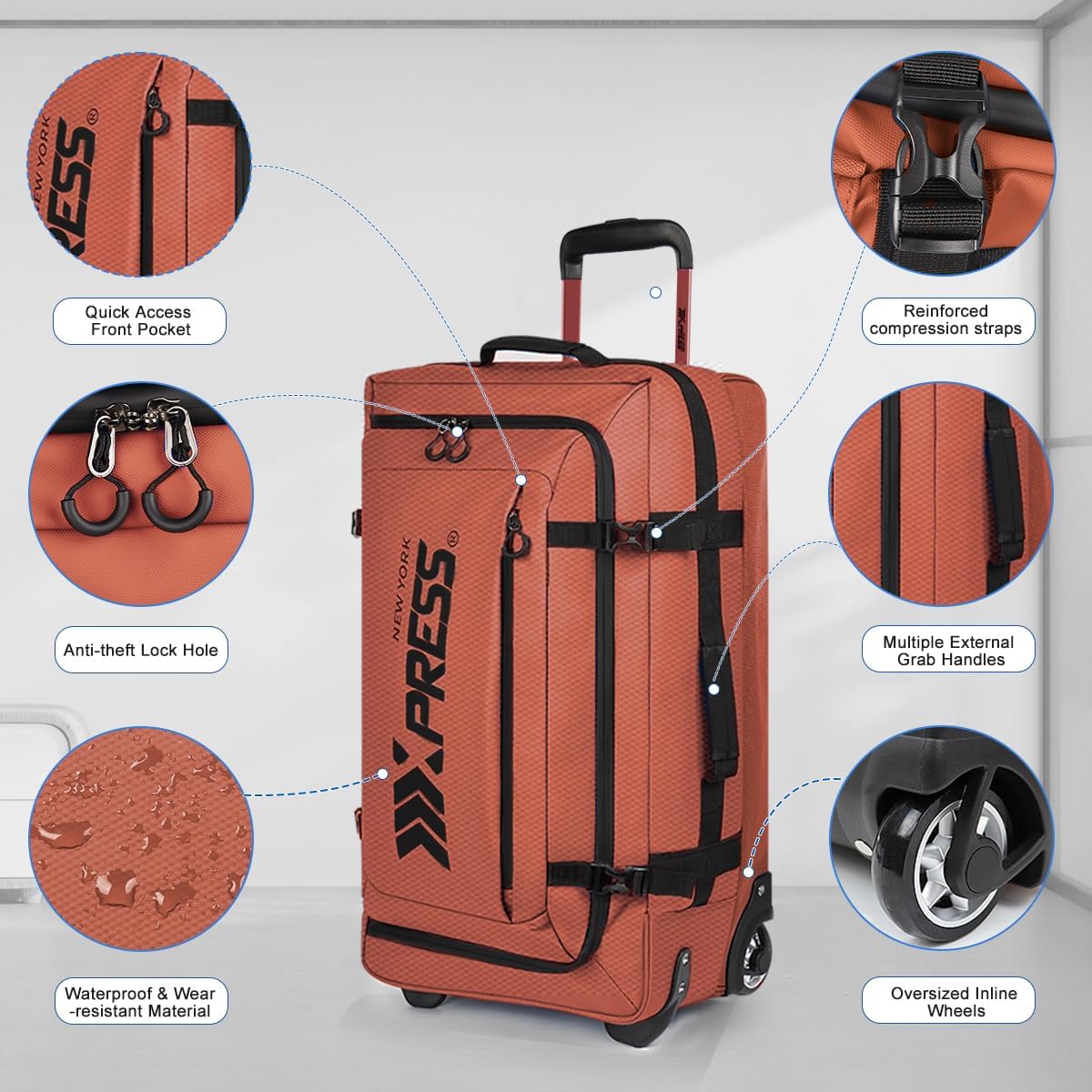 26'' Rolling Duffle Bag with Wheels,Rolling Duffle Bag w/Handle,Carry on Luggage Travel Duffle Bags for Man Women（26,Orange）