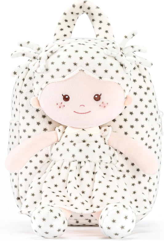 Onetoo Toddler Backpack for Girls 9” – Soft Plush Baby Doll Backpack, Cute Star Dress Stuffed Toy Bag, Perfect Birthday Christmas Gift for Kids, Preschool, Travel & Back to School