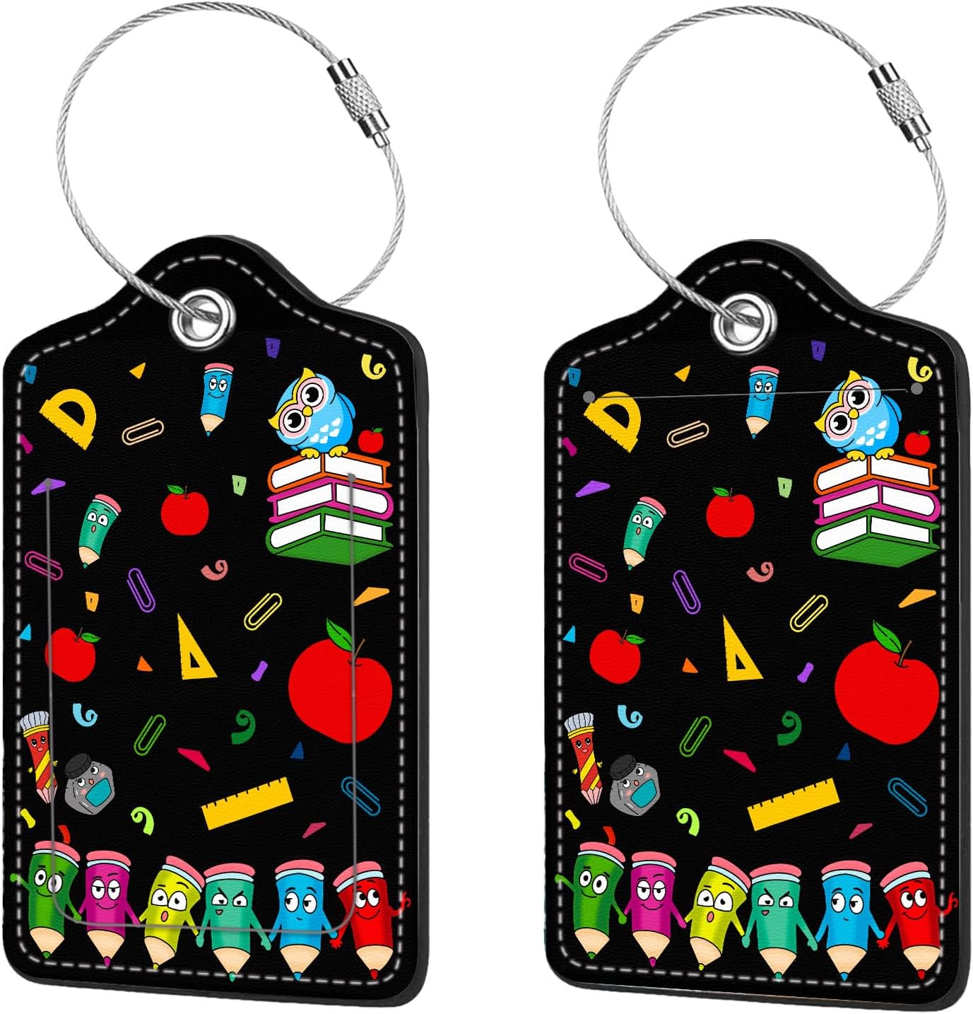 2 Pcs Luggage Tags for Suitcase, Cute Unique PU Leather Travel Bag Tag with Privacy Cover ID Label Address Card and Durable Metal Ring Suitable for Men Women Children Backpack,Dancing Pencils