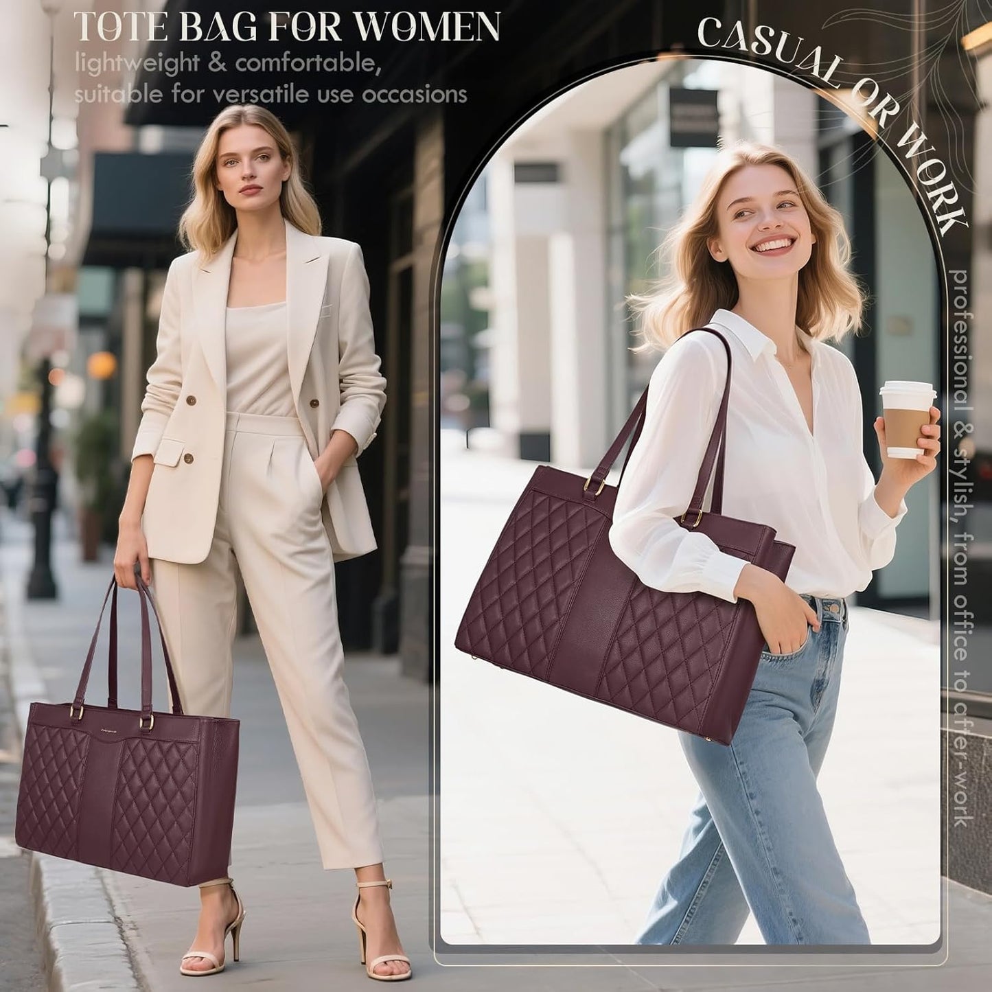 RAINSMORE Laptop Bag for Women 15.6 Inch Work Tote Bags Leather Laptop Tote Professional Laptop Purse Computer Handbag Womens Briefcase Tote with Clutch for Teacher Office Travel, Dark Purple