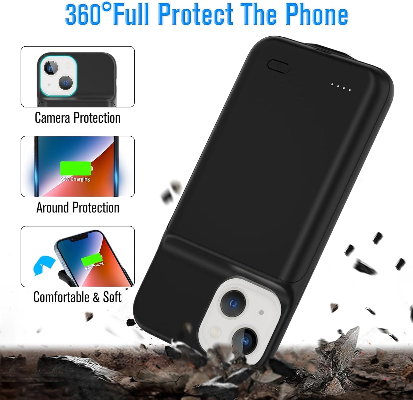 Gladgogo Charging Case for iPhone 14, Powerful 7000mAh Ultra Slim Smart Battery Case Charger Portable External Lightweight Rechargable Battery Pack Compatible with 14, 6.1 inch, Black